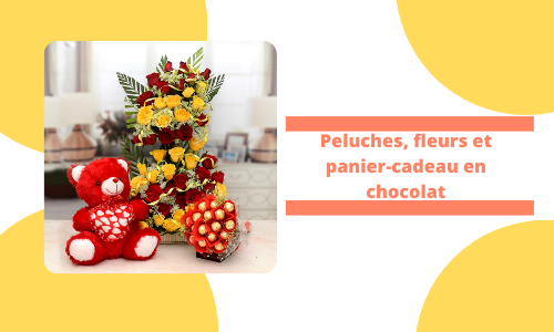 Peluches fleurs et panier-cadeau en chocolat